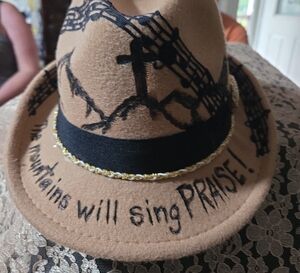 Tan Hat with Black Embroidery and Gold Trim